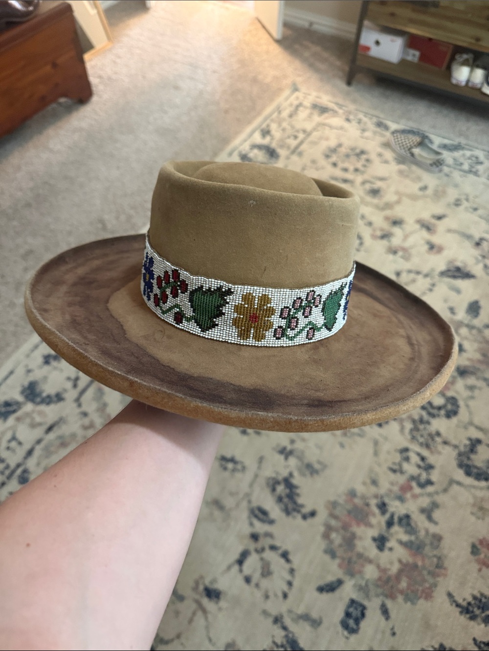 Women’s Suede Tan Wide-Brim Hat with Beaded Floral Band by Thunderbird Hats